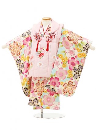 七五三レンタル(3歳女児被布)4310ピンク刺繍椿x水色桜
