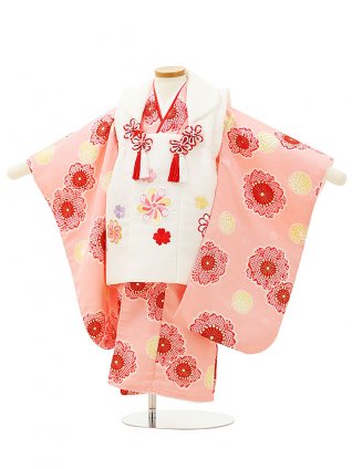 七五三レンタル(3歳女児被布)4311白刺繍ねじり菊xピンク桜