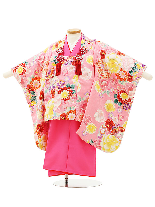 七五三レンタル(3歳女児被布)4315袖付きピンク花蝶xピンク