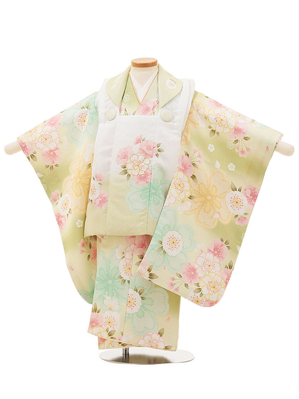 七五三レンタル(3歳女児被布)4500 白×グリーン 八重桜