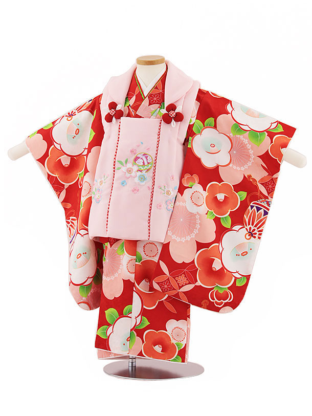七五三レンタル(3歳女児被布)4551 ピンク花刺繍桜×赤桜に椿