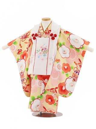 七五三レンタル(3歳女児被布)4552 白花刺繍桜×クリームイエロー桜に椿