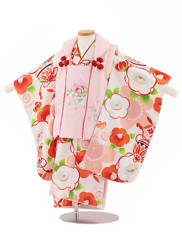七五三レンタル(3歳女児被布)4553 ピンク花刺繍桜×白桜に椿