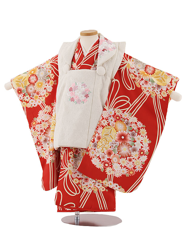 七五三レンタル(3歳女児被布)4596 白刺繍桜×赤薬玉