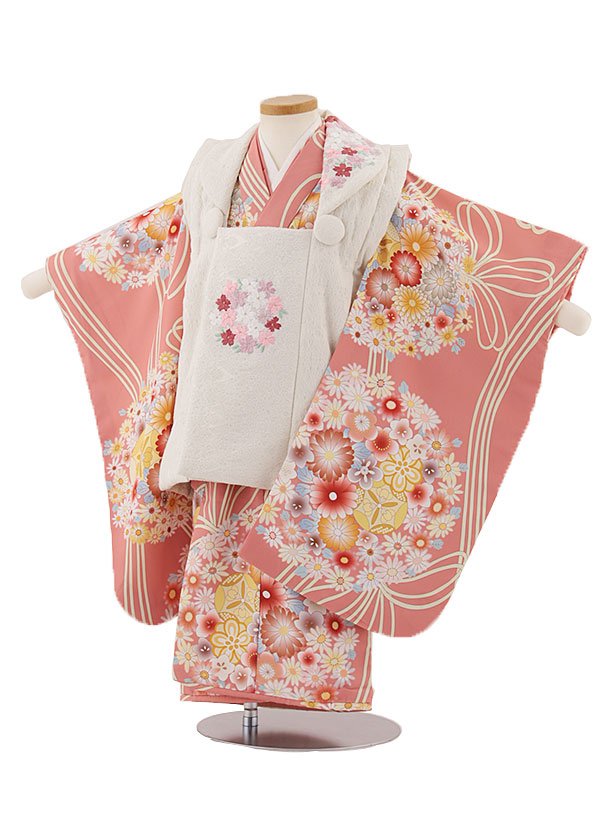 七五三レンタル(3歳女児被布)4600 アイボリー刺繍桜×ピンク薬玉