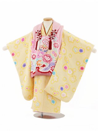 七五三レンタル(3歳女児被布)4645【正絹】ピンク絞り刺繍鞠梅×淡黄絞り花