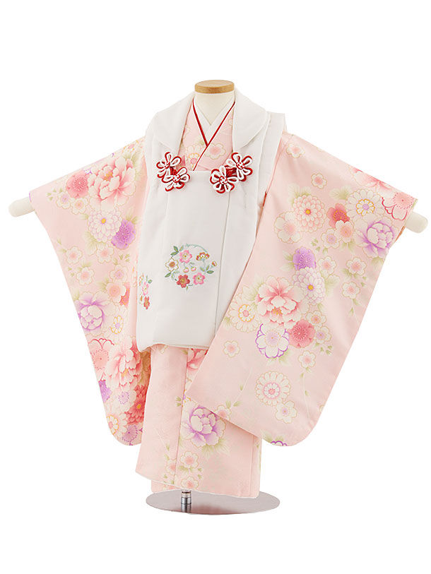 七五三レンタル(3歳女児被布)4669 白刺繍桜×ピンク菊桜牡丹