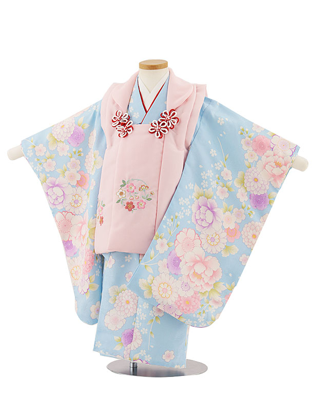 七五三レンタル(3歳女児被布)4673 ピンク刺繍桜×水色菊桜牡丹