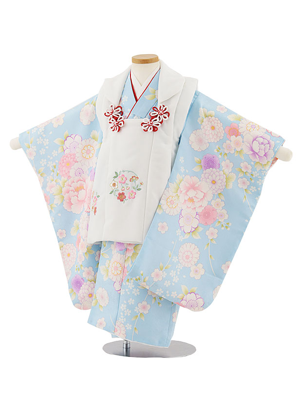 七五三レンタル(3歳女児被布)4674 白刺繍桜×水色菊桜牡丹