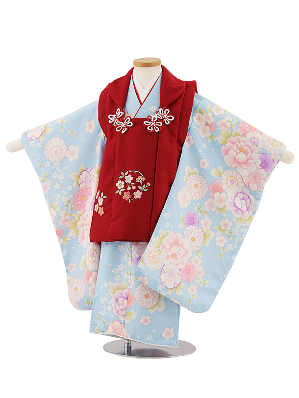 七五三レンタル(3歳女児被布)4675 赤刺繍桜×水色菊桜牡丹