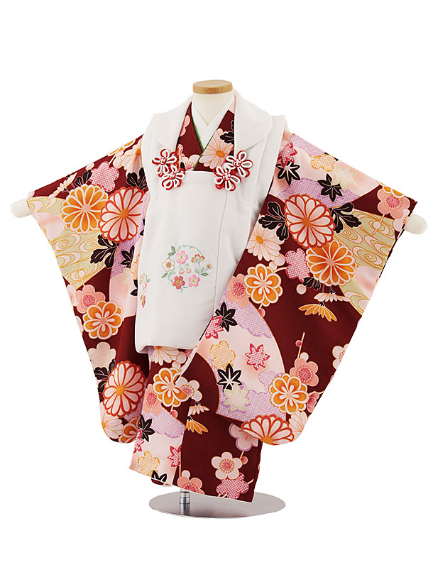 七五三レンタル(3歳女児被布)4677 白刺繍桜×ボルドー扇面花柄
