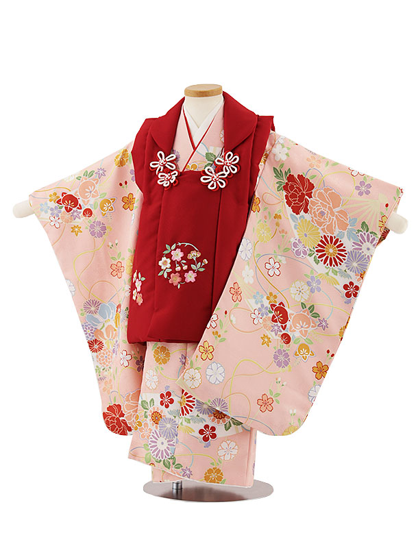 七五三レンタル(3歳女児被布)4683 赤刺繍桜×ピンク扇と古典華