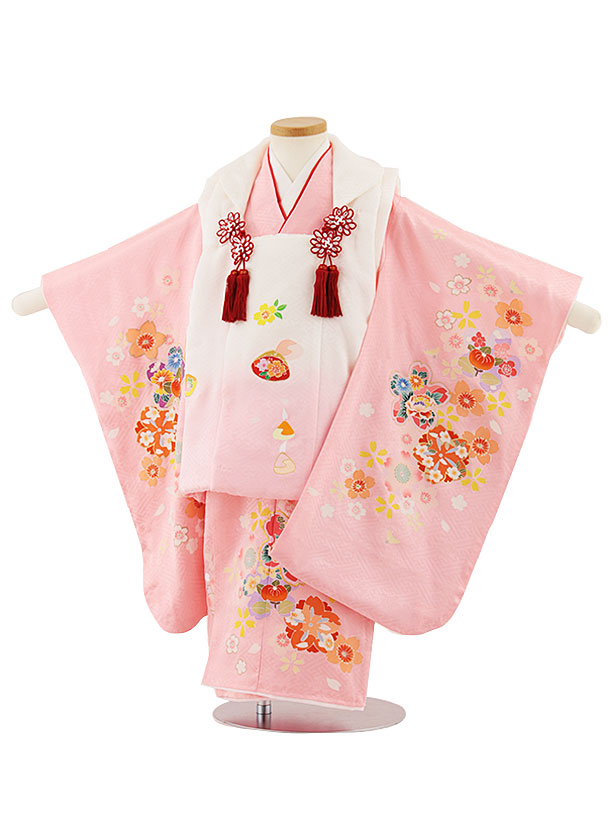 七五三レンタル(3歳女児被布)4696【正絹】白ぼかしピンク×ピンク桜