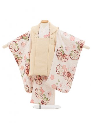 七五三レンタル(3歳女児被布)4784 クリームベージュ×淡ピンクベージュ桜牡丹