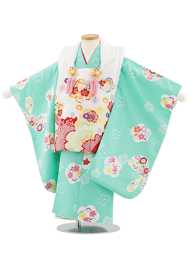七五三レンタル(3歳女児被布)4787 白地桜×ミント梅花