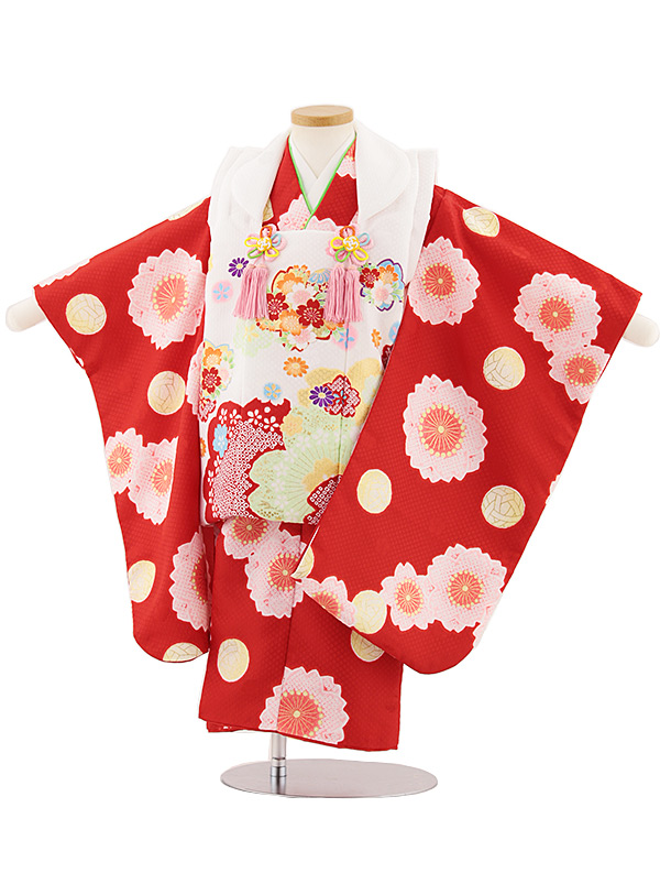 七五三レンタル(3歳女児被布)4825 白地桜×赤桜鞠