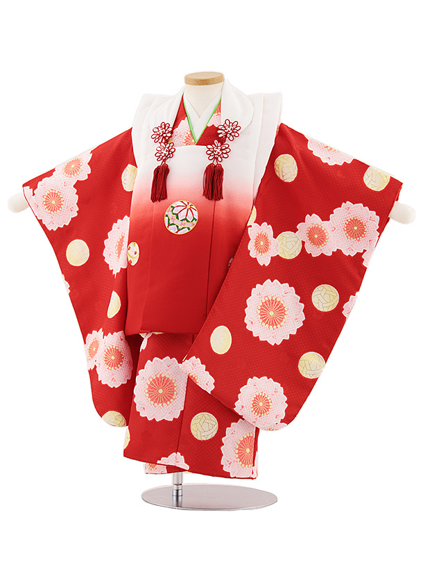 七五三レンタル(3歳女児被布)4826 白赤ぼかし鞠×赤桜鞠