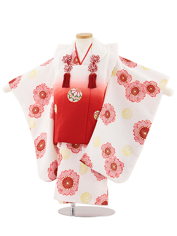 七五三レンタル(3歳女児被布)4832 白赤ぼかし鞠×白地桜鞠