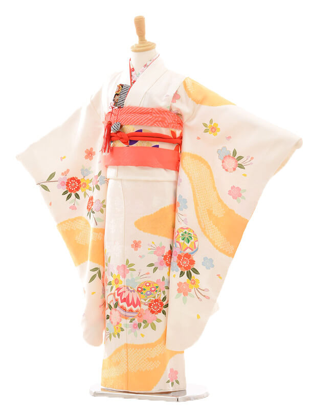 七五三レンタル(7歳女の子袋帯)7183 白地に黄色 桜まり(正絹) | 着物 