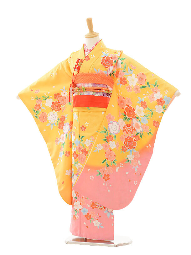 七五三レンタル(7歳女の子結び帯)7248 黄色 裾ﾋﾟﾝｸ桜ま | 着物レンタル