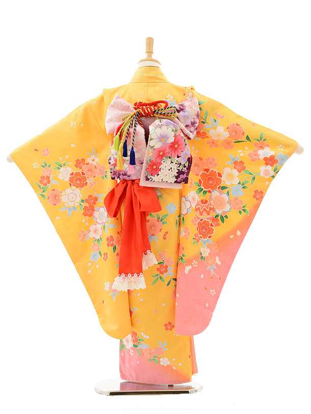 七五三レンタル(7歳女の子結び帯)7248 黄色 裾ﾋﾟﾝｸ桜ま 着物レンタルの京都かしいしょう