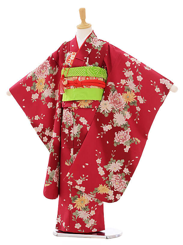 七五三(7歳女の子結び帯)7454 ｴﾝｼﾞ色 菊桜