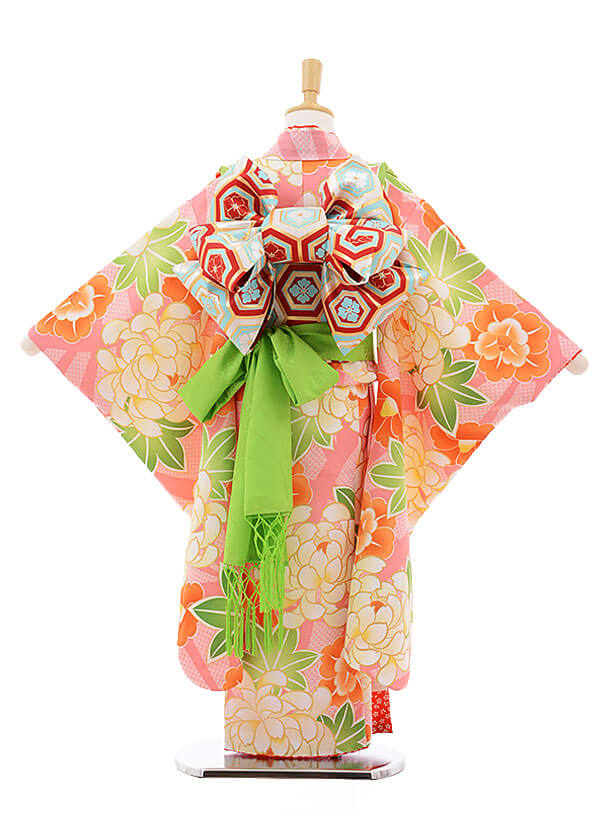 七五三レンタル(7歳女の子結び帯)7513 花わらべ ﾋﾟﾝｸ地 ぼたん椿 | 着物レンタルの京都かしいしょう