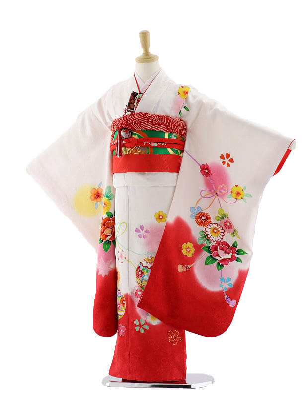 七五三レンタル(7歳女の子袋帯)7568 白地 裾赤 まり (正絹)