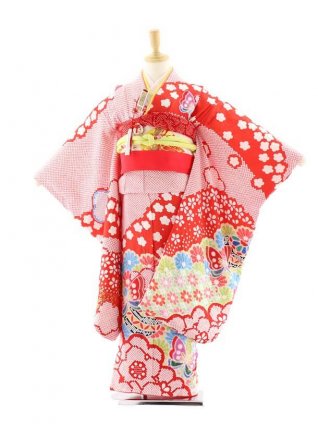 七五三レンタル(7歳女の子袋帯)7575 最高級正絹 赤地 総絞り 蝶と鞠 
