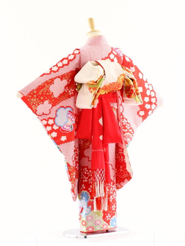 七五三レンタル(7歳女の子袋帯)7575 最高級正絹 赤地 総絞り 蝶と鞠