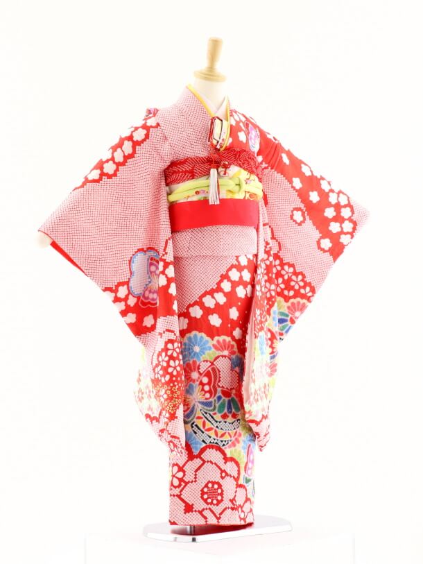 七五三 正絹7歳用女の子高級着物◆赤色系　鞠に桜◆9816-sda007