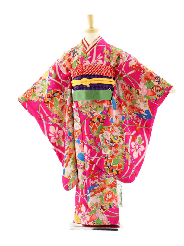 七五三レンタル 7歳女の子結び帯 7592 ｱﾝﾃｨｰｸ着物 ﾋﾟﾝｸ まり花 着物レンタルの京都かしいしょう