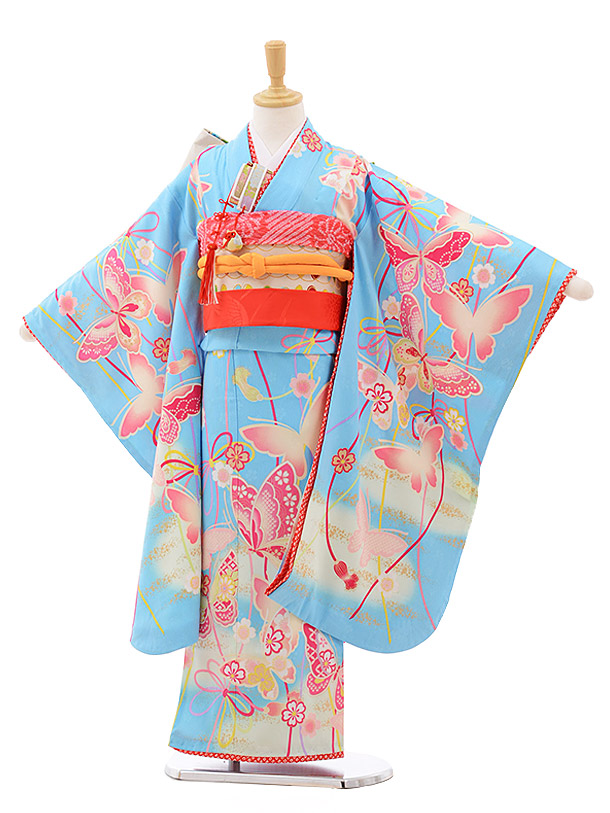 七五三レンタル(7歳女の子結び帯)7637 水色 蝶々 | 着物レンタルの京都 