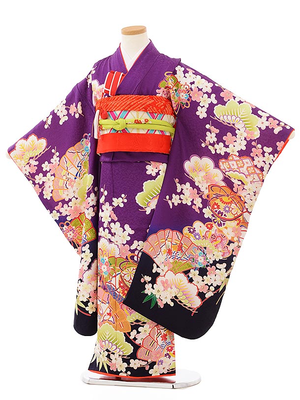 七五三レンタル(7歳女児袋帯) 7895 正絹 紫地 古典扇とまり | 着物