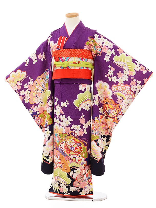 七五三レンタル(7歳女児袋帯) 7895 正絹 紫地 古典扇とまり | 着物