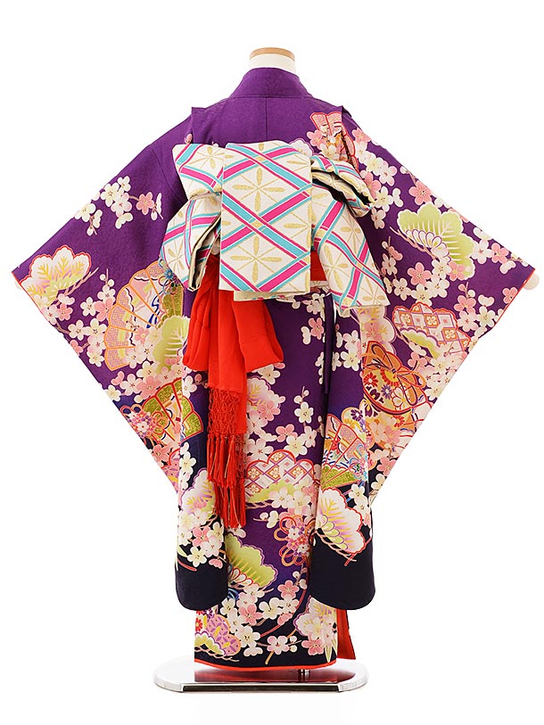 七五三レンタル(7歳女児袋帯) 7895 正絹 紫地 古典扇とまり | 着物 