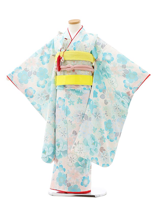 七五三レンタル(7歳女児結び帯)7925白地水色花 | 着物レンタルの京都 