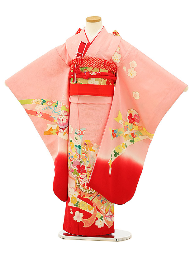 七五三(7歳女児結び帯) 高級正絹 7954 ピンク裾赤 束ね熨斗にマリ