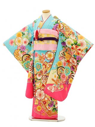 七五三レンタル(7歳女児結び帯) 7969 水色裾ピンク熨斗に桜