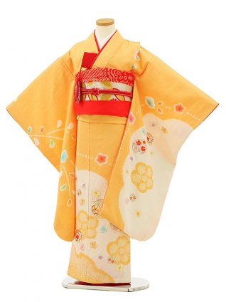 七五三レンタル(7歳袋帯)7973 (高級正絹)オレンジ色 雪輪梅 刺繍まり