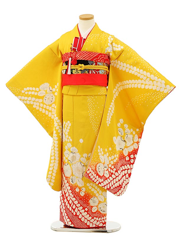七五三レンタル(7歳女の子袋帯)7974(高級正絹) 黄色 裾赤　辻が花調