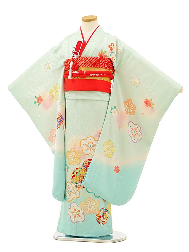 七五三レンタル(7歳女児袋帯) 7892 高級正絹 水色総絞り 鞠刺繍 着物レンタルの京都かしいしょう