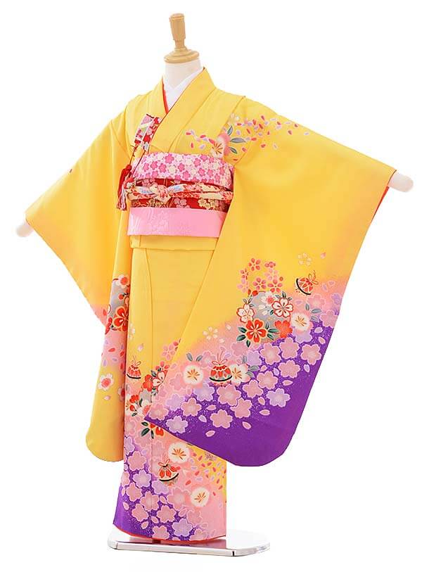 七五三レンタル(7歳女結び帯)A108 黄色 裾紫 桜鈴