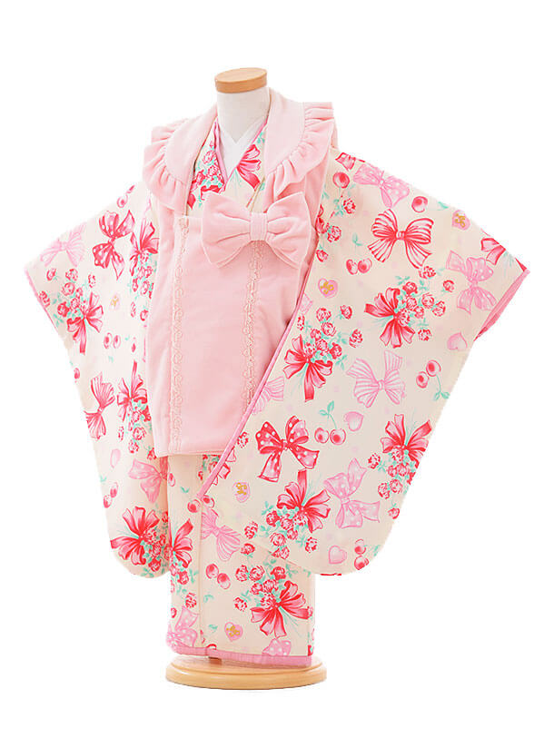 七五三(3歳女被布)F064 ﾒｿﾞﾋﾟｱﾉ ﾋﾟﾝｸﾘﾎﾞﾝ×白ﾘﾎﾞﾝ | 着物レンタルの京都 