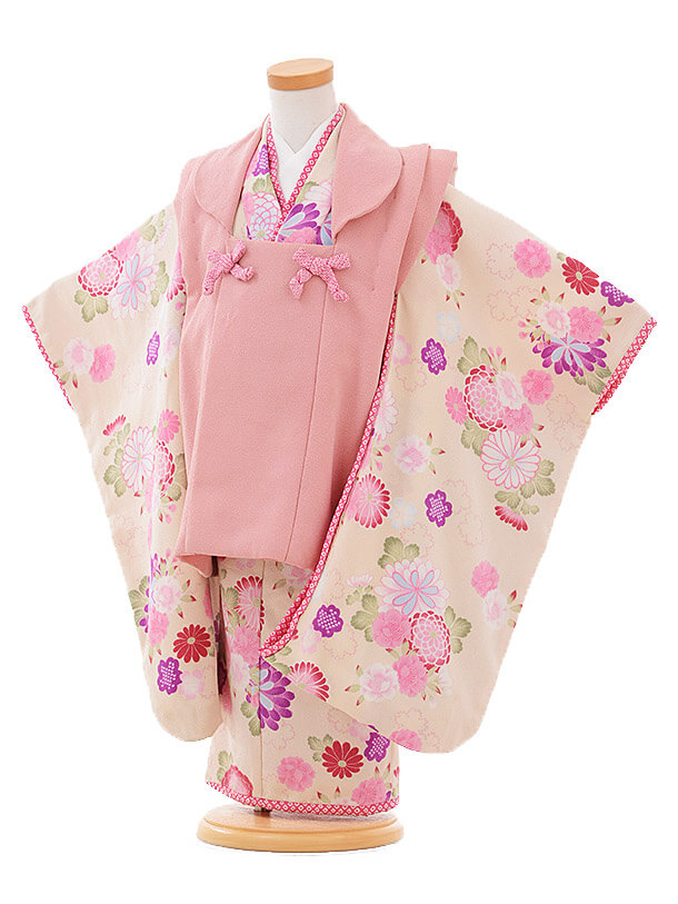 七五三 3歳女被布 F070japanstyle ﾚﾄﾛﾋﾟﾝｸ ｸﾘｰﾑ色 花 着物レンタルの京都かしいしょう