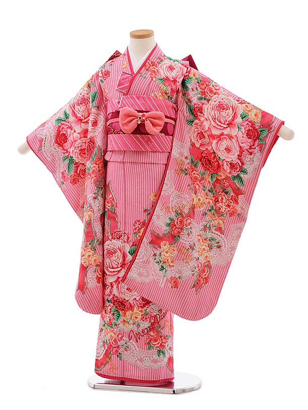 七五三(7歳女結帯) F374ﾒｿﾞﾋﾟｱﾉ ﾋﾟﾝｸｽﾄﾗｲﾌﾟﾘﾎﾞﾝﾊﾞﾗ | 着物レンタルの京都かしいしょう
