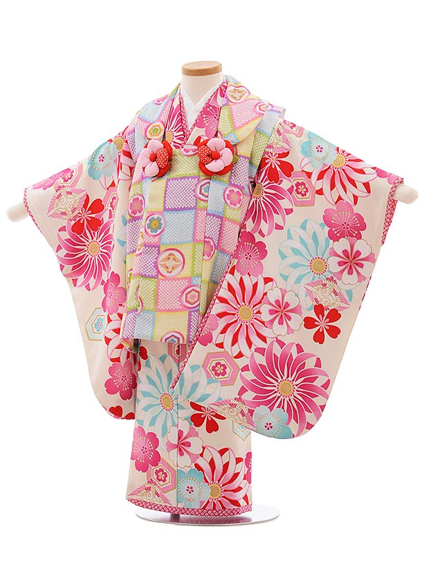 七五三(3歳女被布)F412 ﾊﾟｽﾃﾙｶﾗｰ格子×ｸﾘｰﾑ地 花 | 着物レンタルの京都かしいしょう
