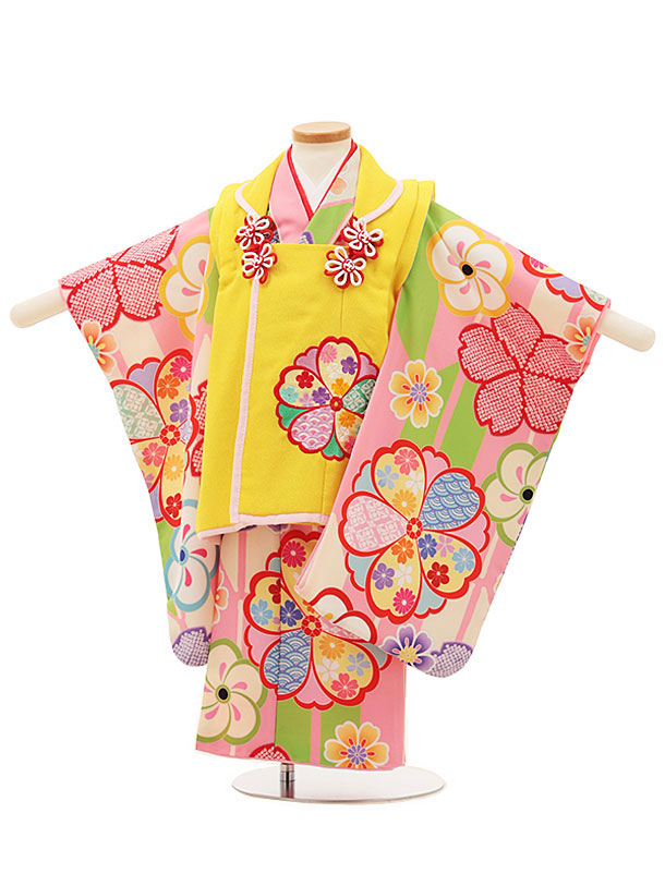 七五三レンタル(3歳女児被布)F598黄色×ピンク梅桜