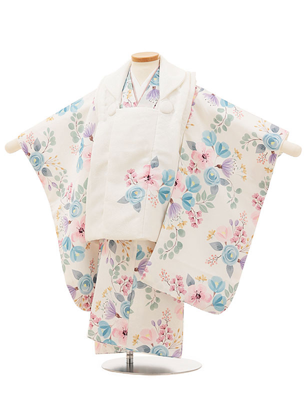 七五三(2歳女児被布)O060白x白 パステルブーケ | 着物レンタルの京都