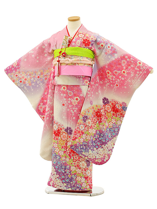 七五三レンタル(7歳女児袋帯) 高級正絹 7748 総絞りに刺繍 毬と桜 